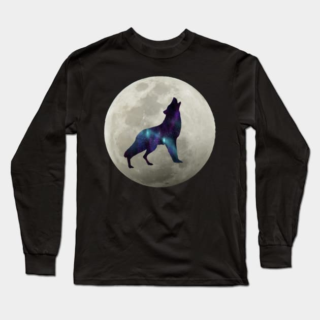 Cosmic Galaxy Wolf Howling Full Moon Space Wolf Gift Long Sleeve T-Shirt by AmbersDesignsCo